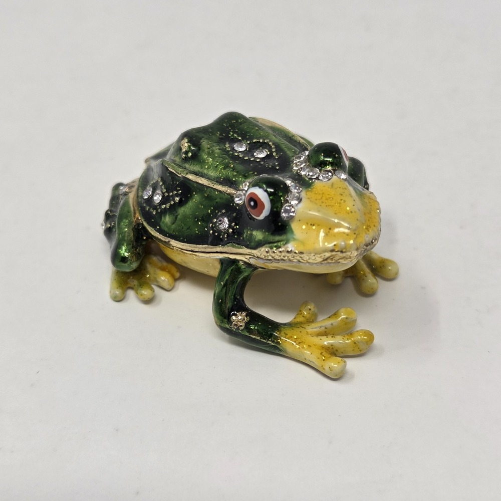 Small Green Frog Hinged Metal Enameled Crystal Whimsical Trinket Box Magnetic‎